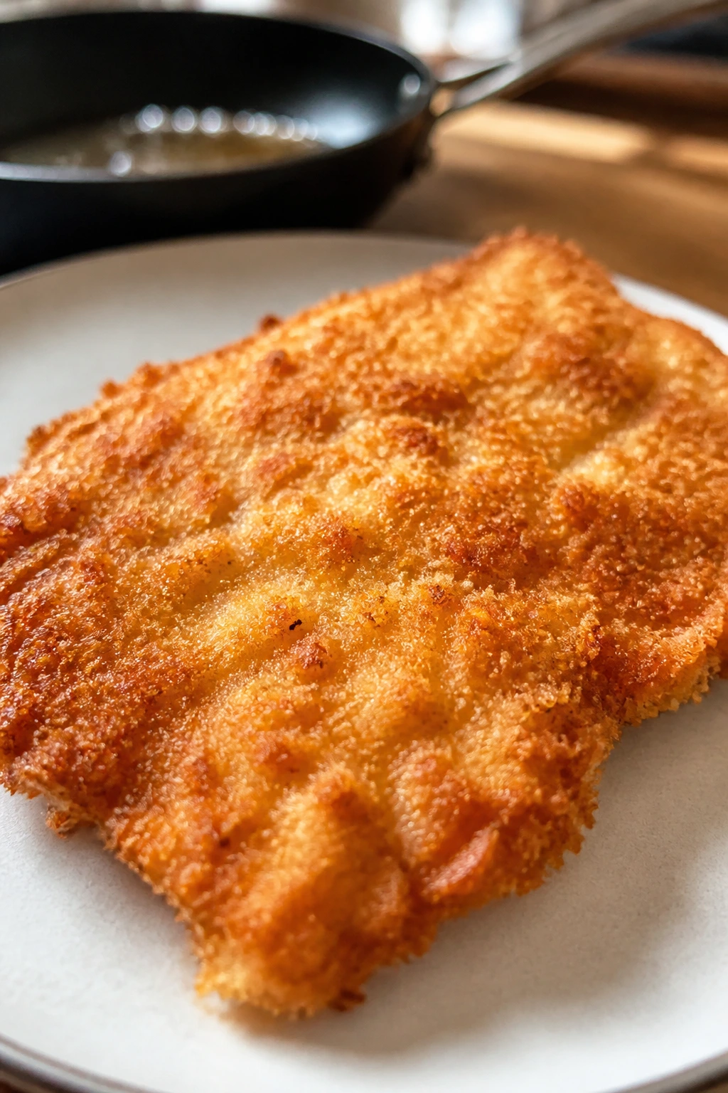 Close-up of a thin, crisp panko crust on chicken cutlet in a warm kitchen