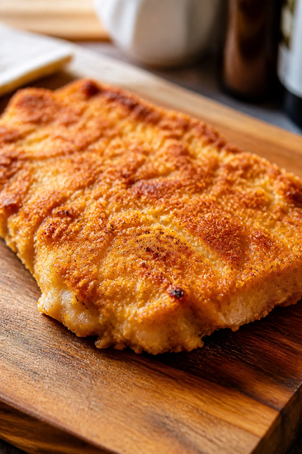 Close-up of a golden crispy chicken cutlet on a wooden board, weeknight dinner idea.