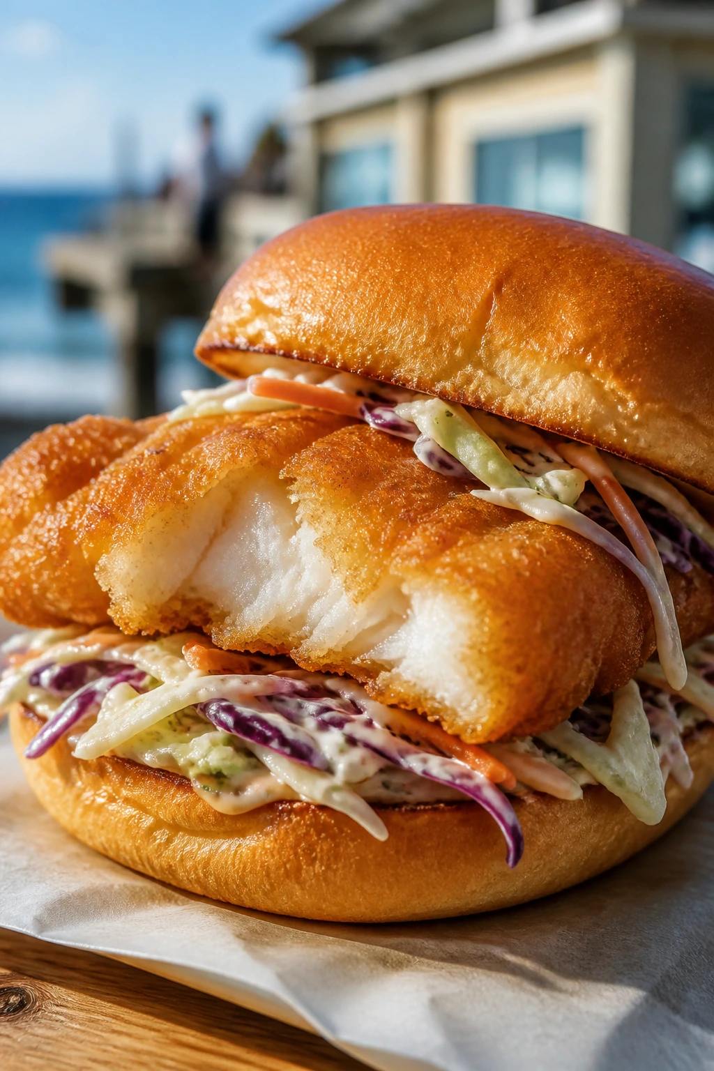 Crispy fish sandwich with slaw