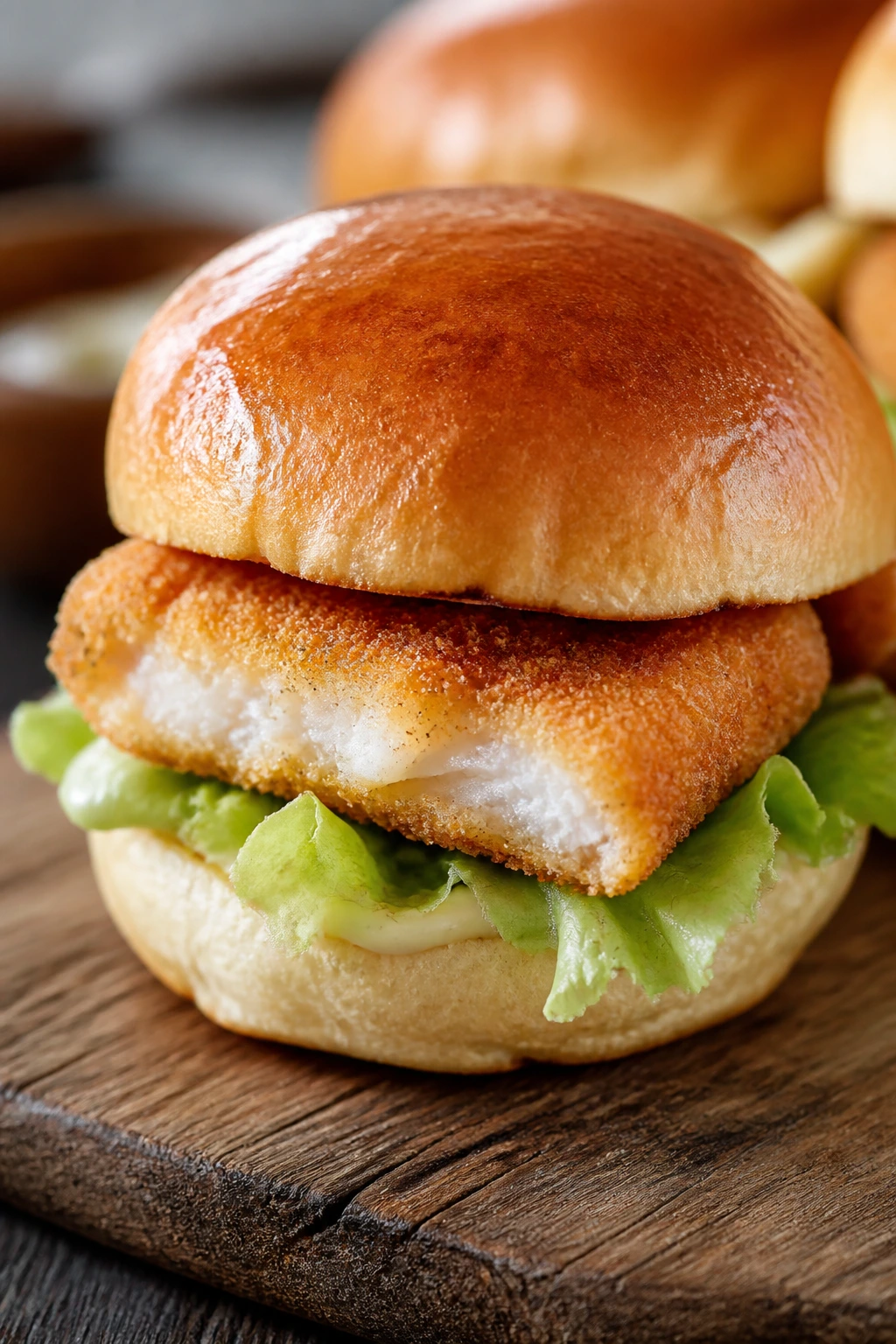 Close-up of a crispy fish slider on a wooden board with lettuce