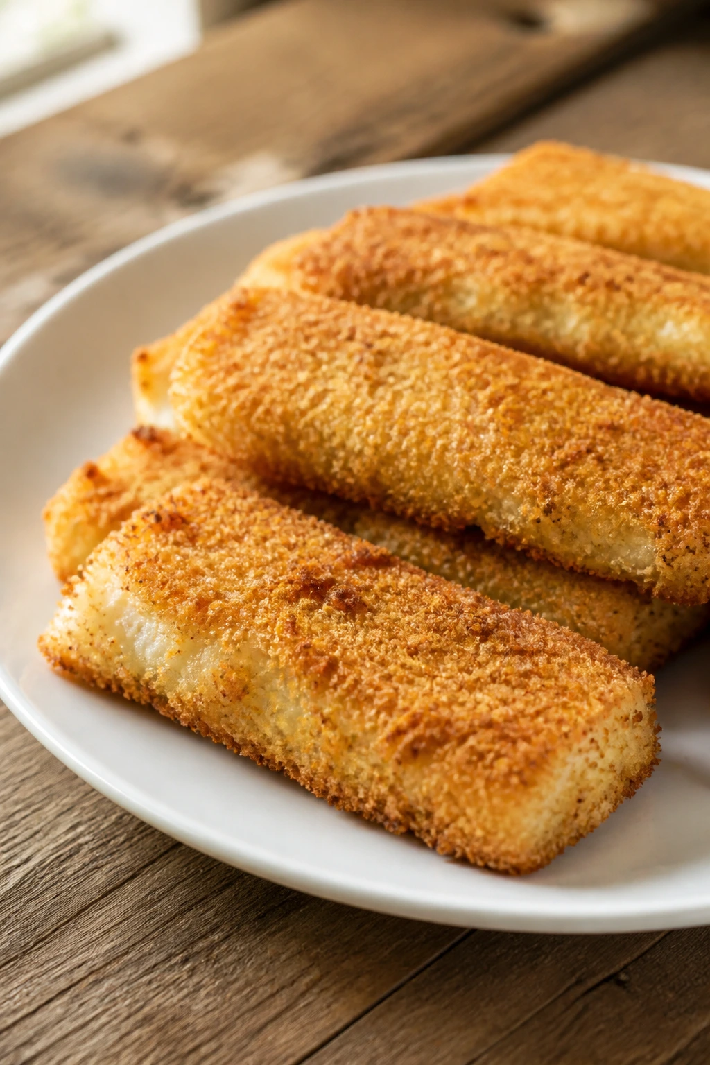 Close-up of crispy baked fish sticks on a plate