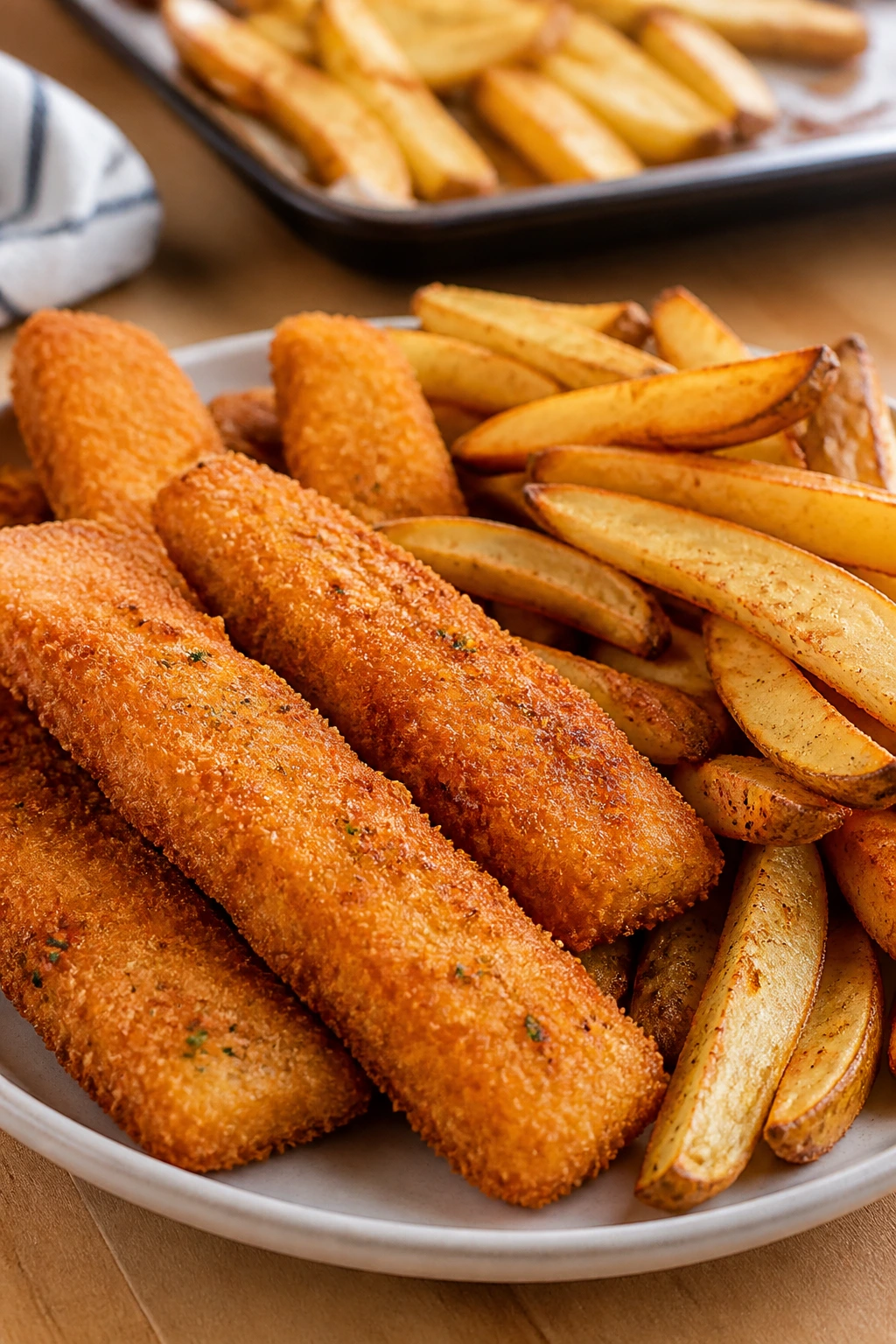 Crispy fish sticks with oven fries on a plate