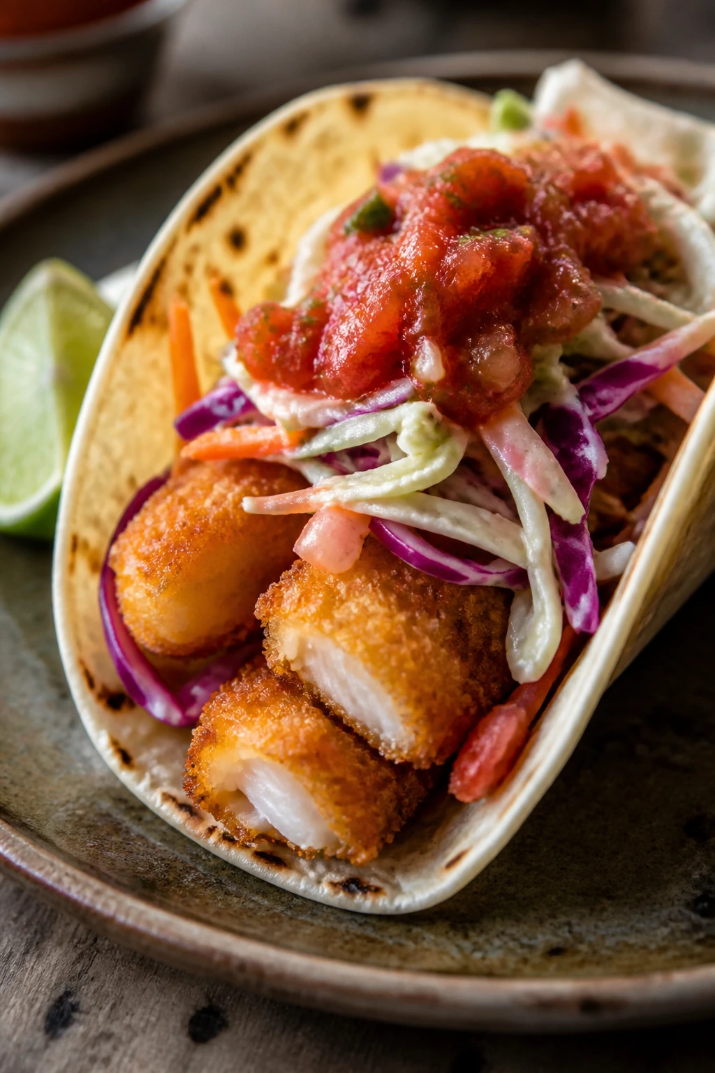 Close-up of a crispy fish stick taco with slaw and salsa on a plate
