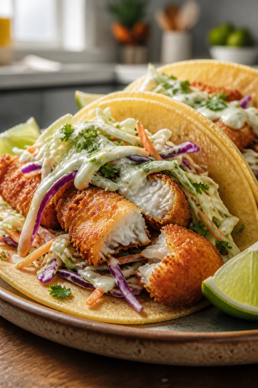 Close-up of crispy fish tacos with slaw on a rustic plate in a kitchen