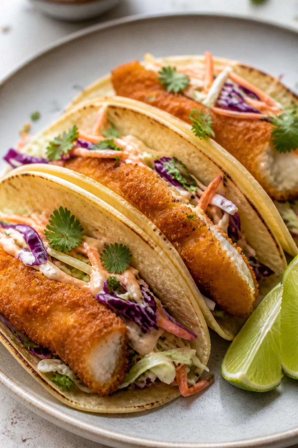 Plate of crispy fish tacos with slaw and lime on bright counter