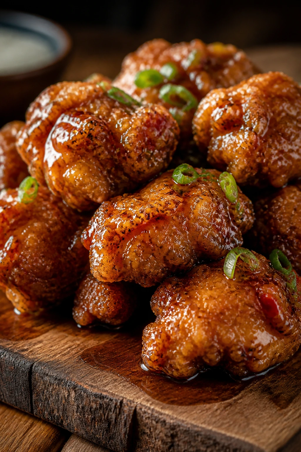 Close-up of crispy glazed fried chicken on wooden board in warm kitchen