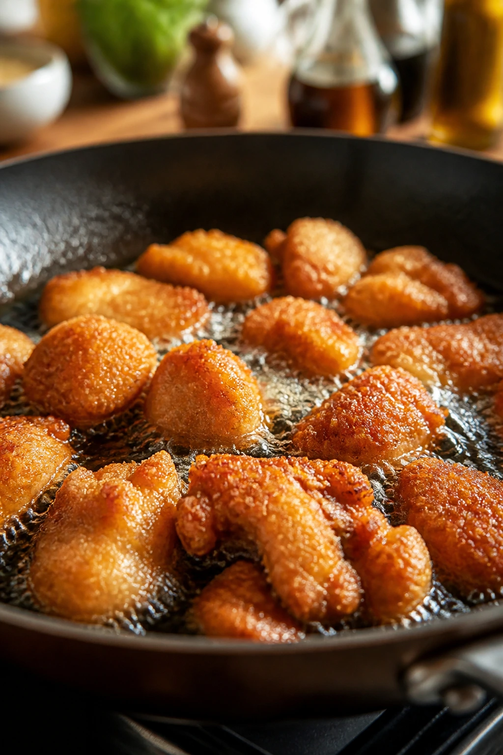 Close-up of crispy fried chicken pieces frying in hot oil