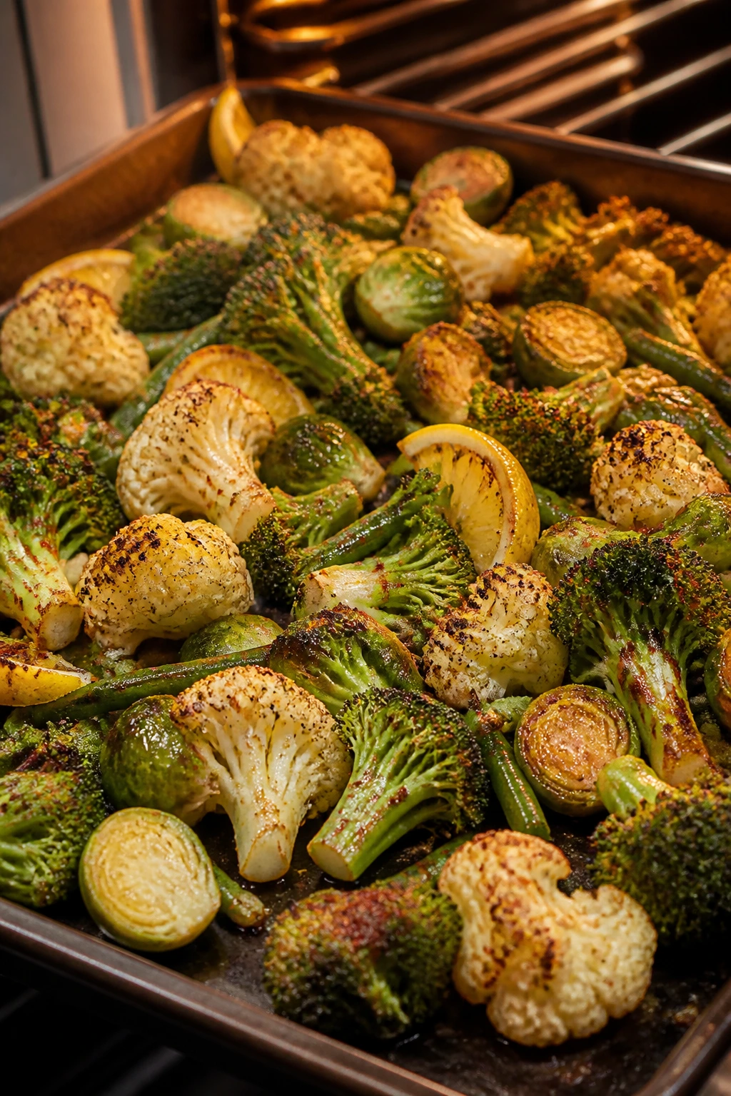 Close-up of crispy roasted frozen vegetables on a sheet pan with browned edges.