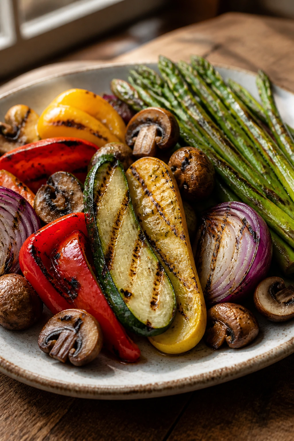 Close-up plate of crispy grilled vegetables on rustic ceramic plate