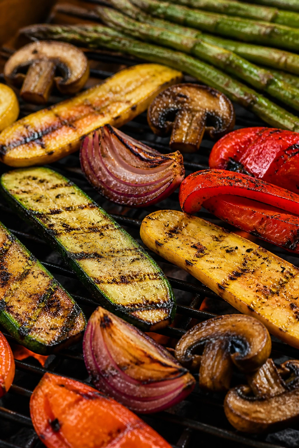Close-up of crispy grilled vegetables with charred edges on a hot grill