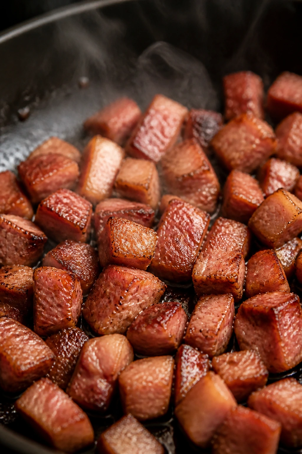 Ham pieces browning with crispy edges in a skillet