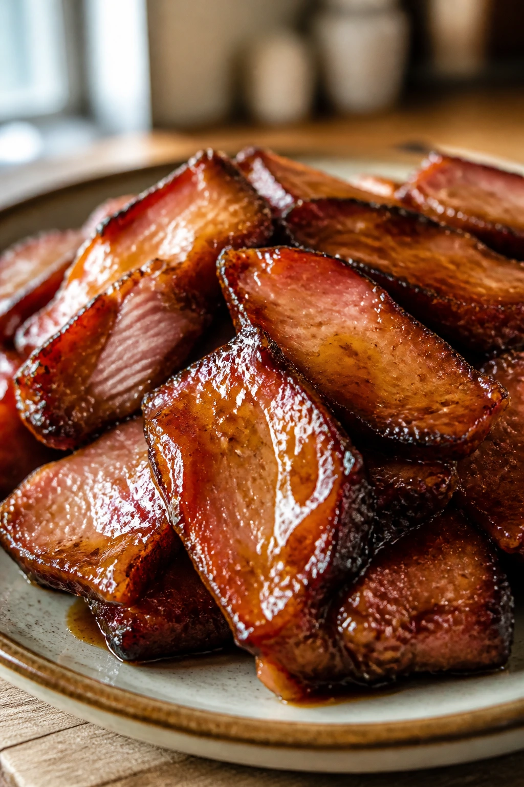 Close-up of glazed crispy ham leftovers on a plate with a glossy finish