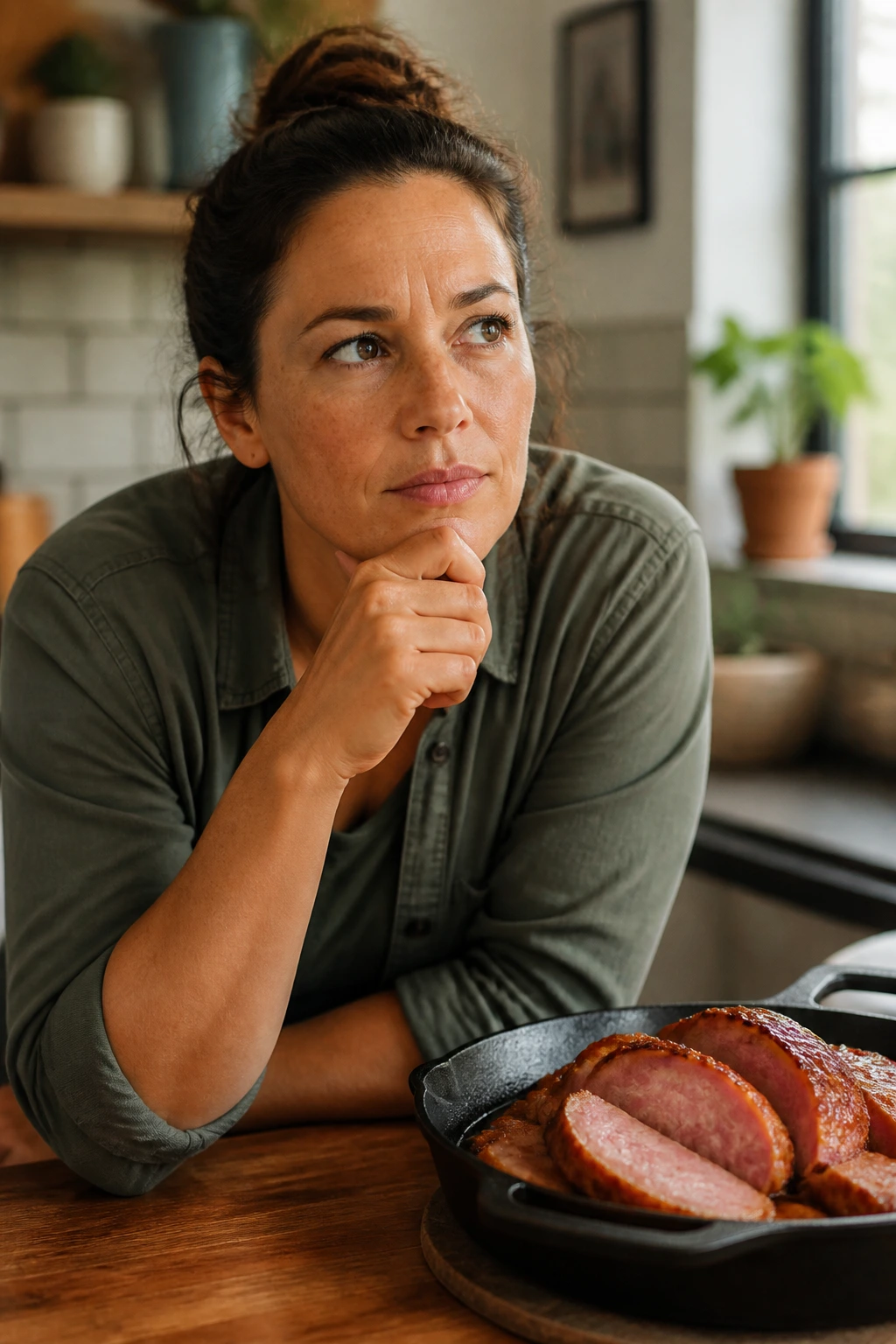 Close-up portrait of a person thinking about crispy ham leftovers in a kitchen