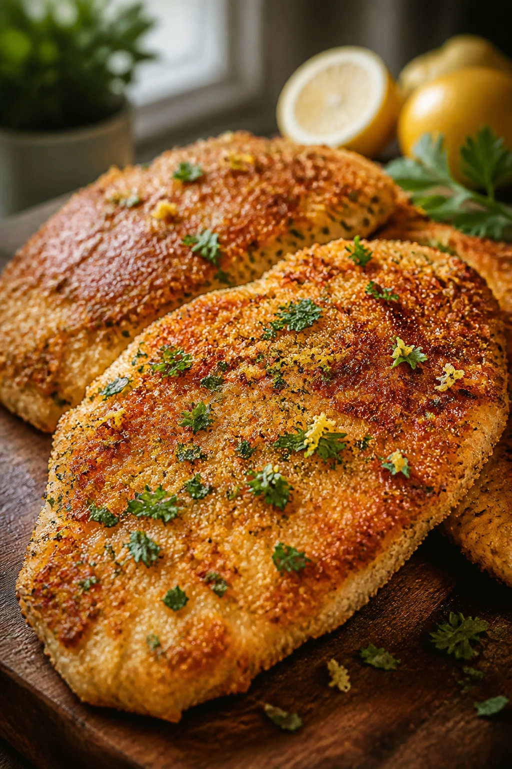 Close-up of crispy herb turkey cutlets on a wooden board
