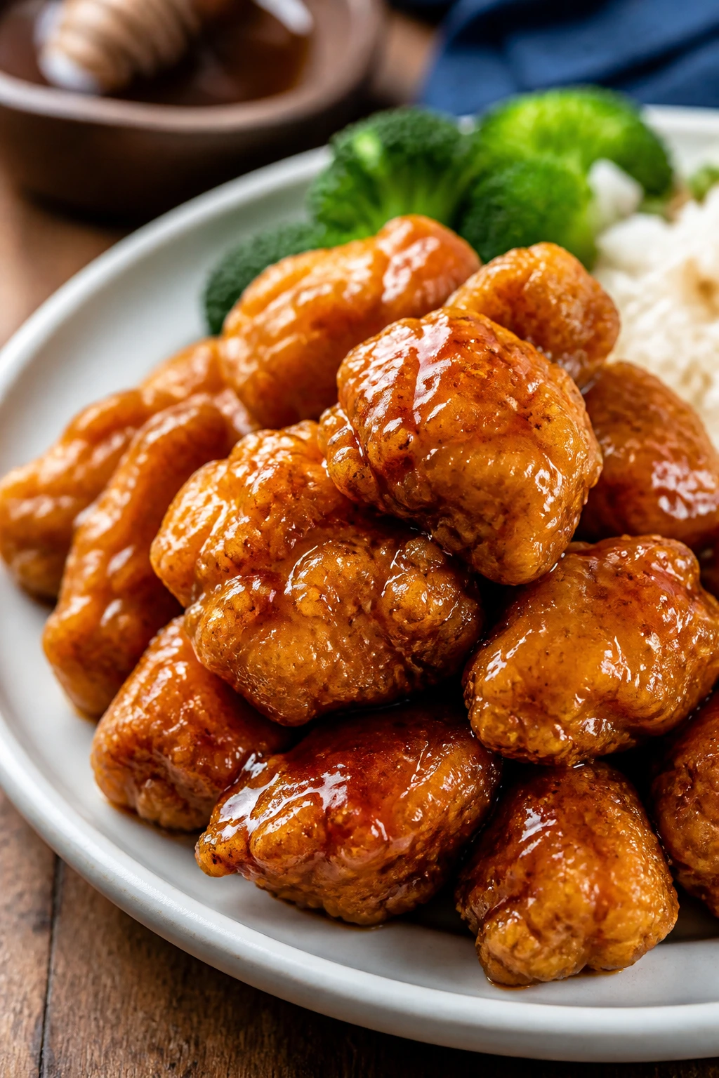 Close-up of Crispy Honey Chicken bites with glossy glaze