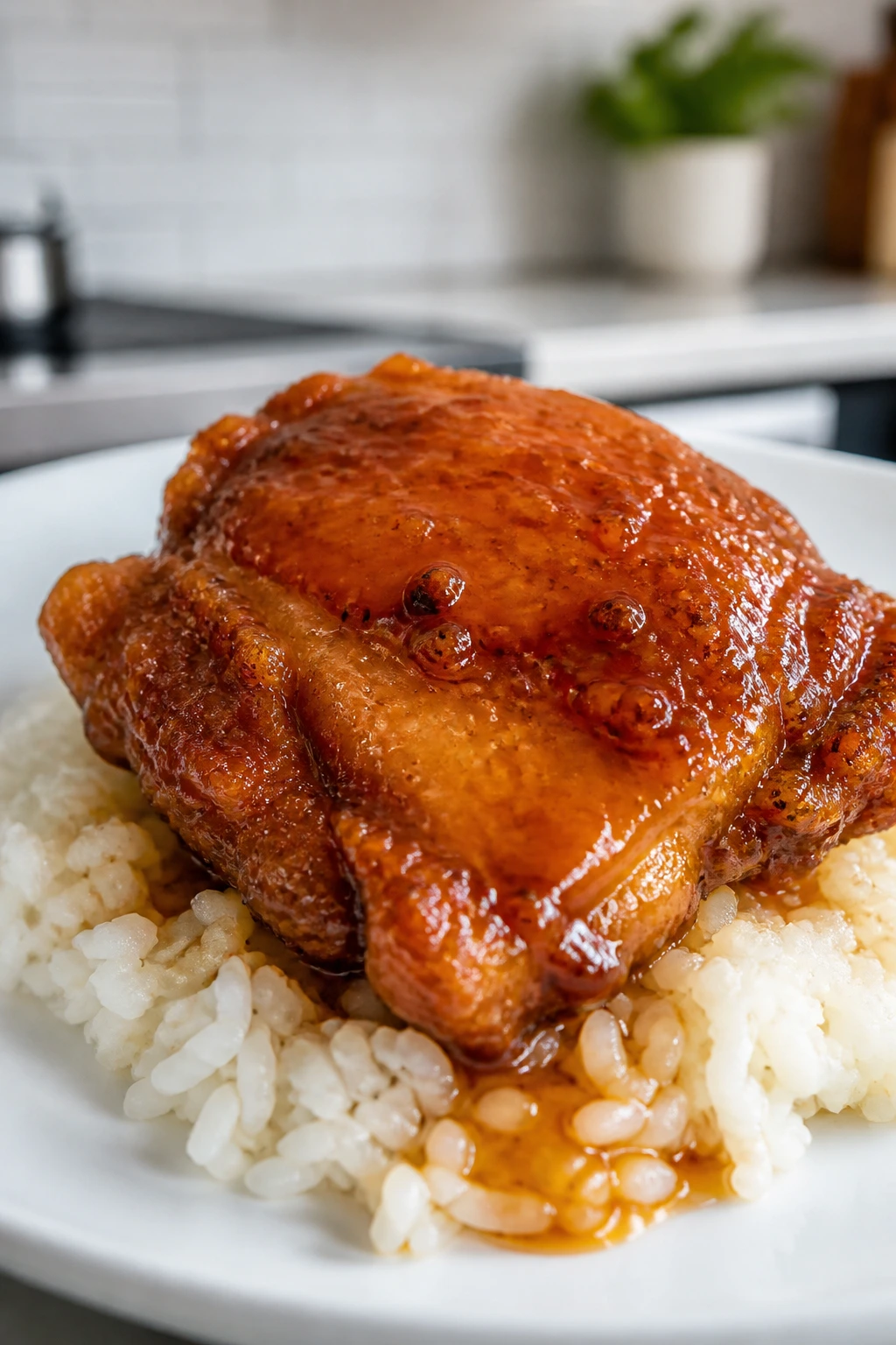 Crispy honey chicken plated with rice on a white plate