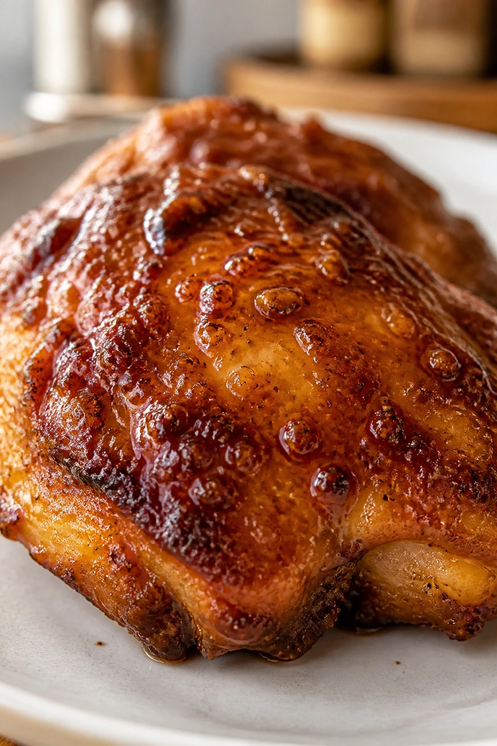 Crispy honey chicken thigh as hero in home kitchen