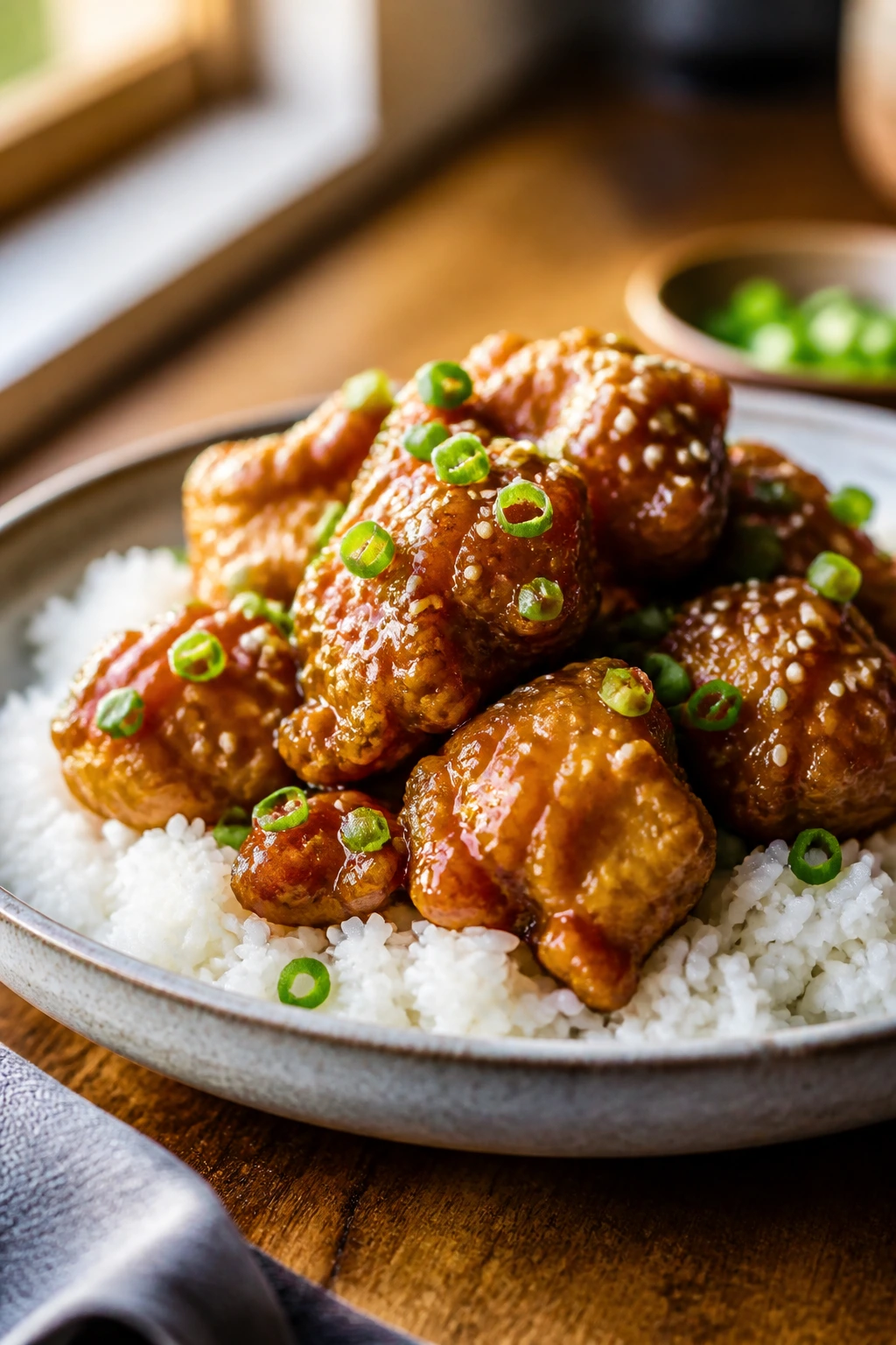 Close-up of crispy honey sesame chicken over rice on a platter with scallions and sesame seeds