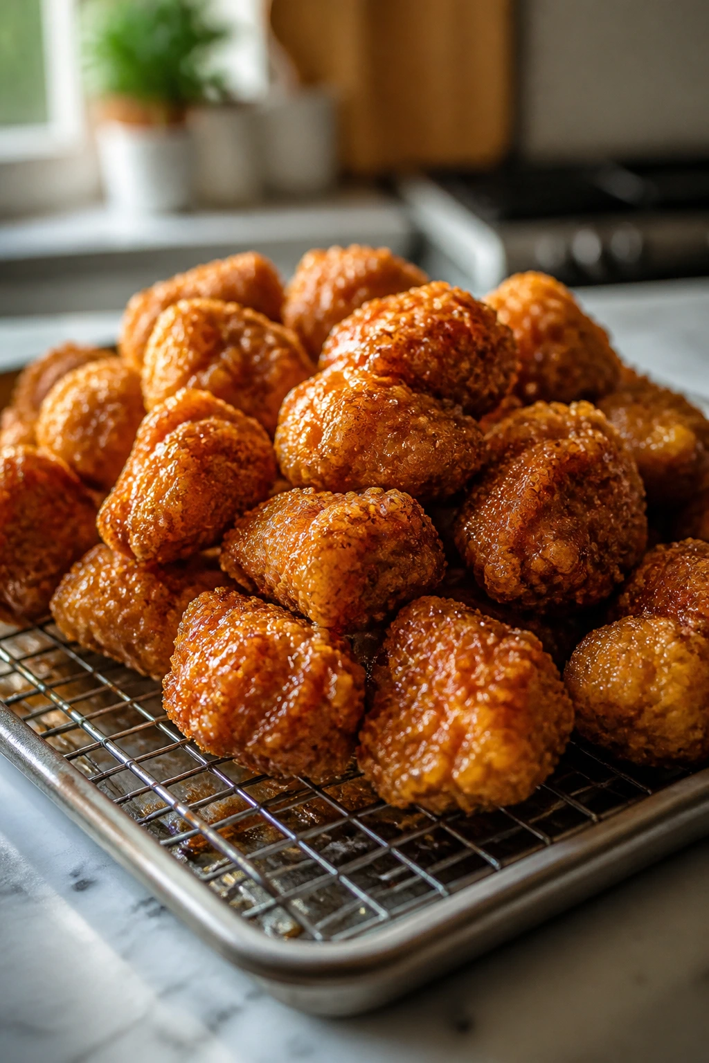 Close-up of crispy fried chicken leftovers on a cooling rack in a warm kitchen