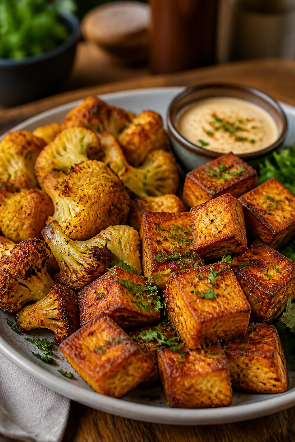 Close-up plate of crispy roasted cauliflower and tofu as a hearty meatless dinner