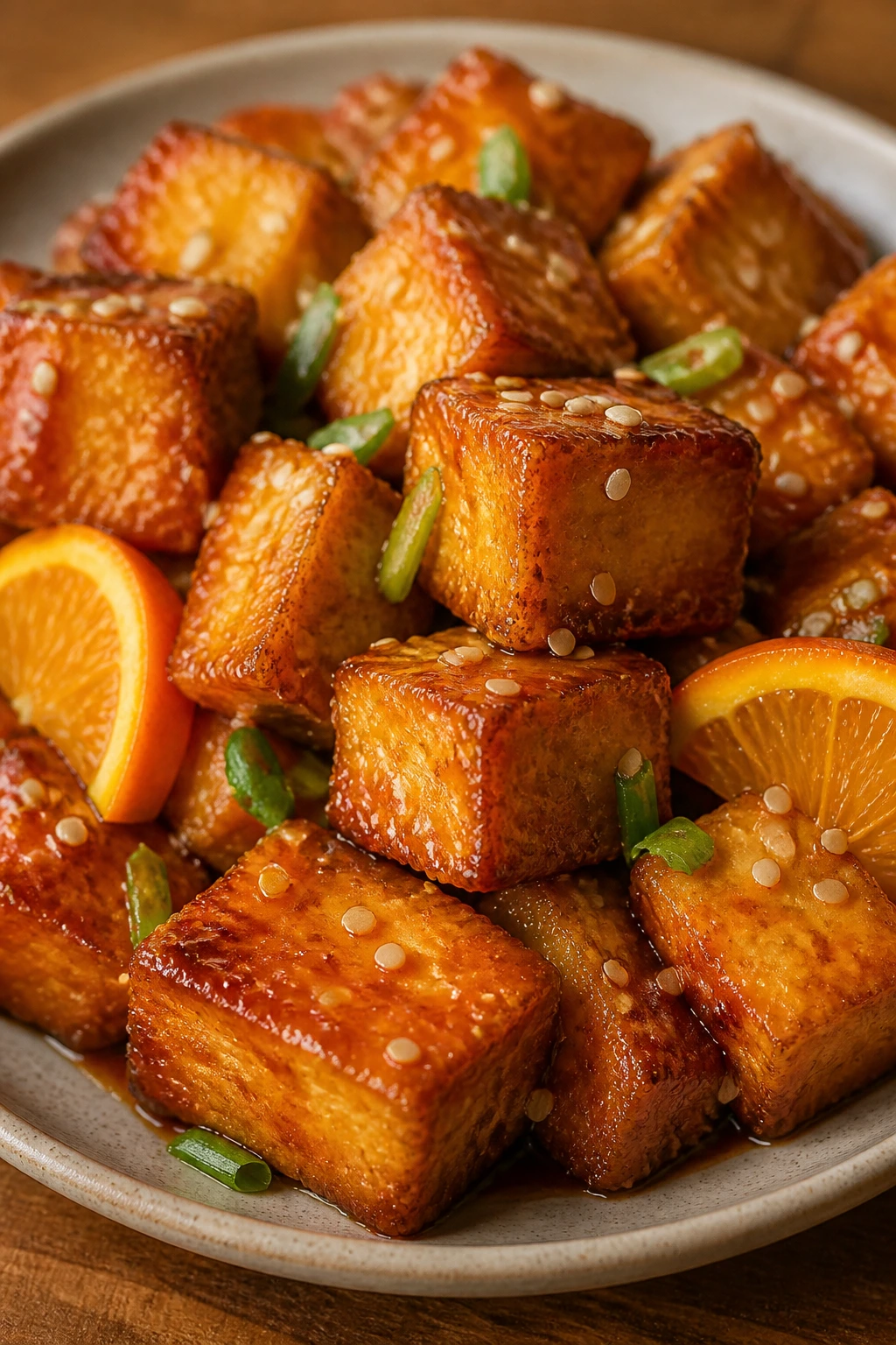 Close-up of crispy orange tofu with glaze