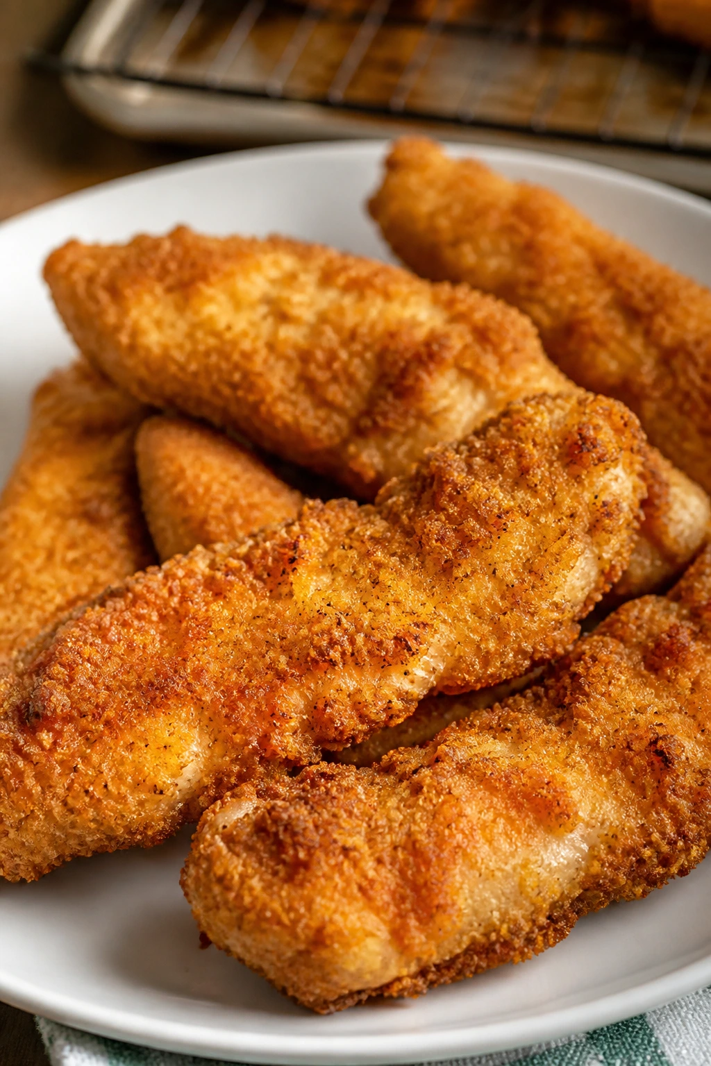 Close-up of crispy oven chicken tenders on a plate with golden crust.