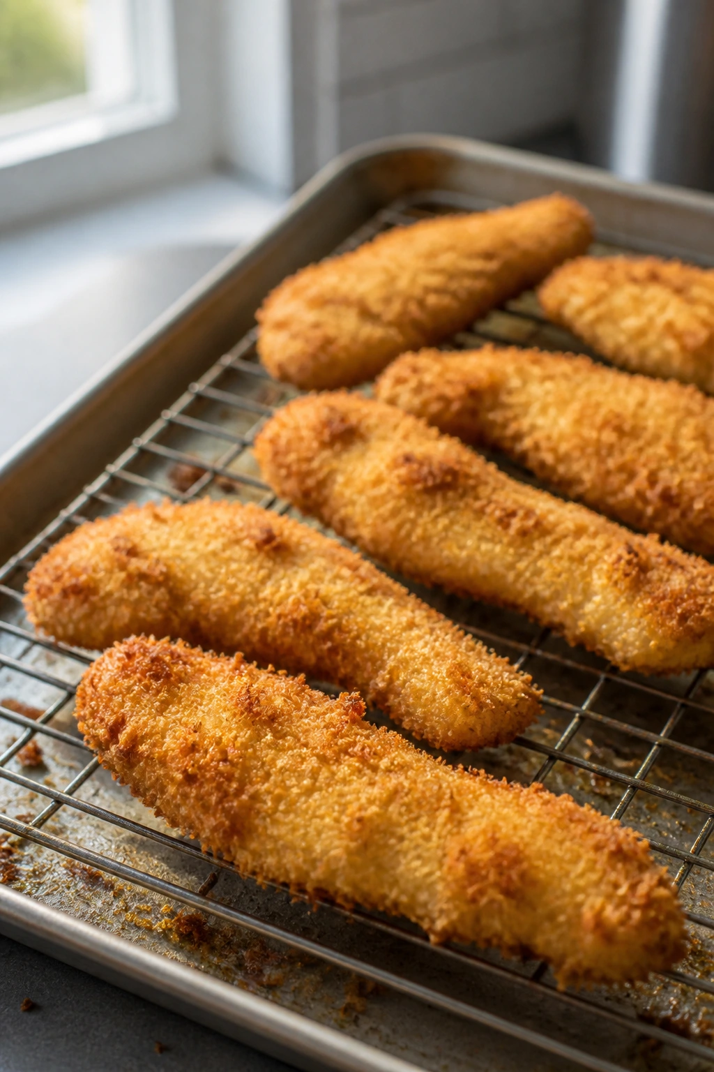 Crispy oven-baked chicken tenders on a rack