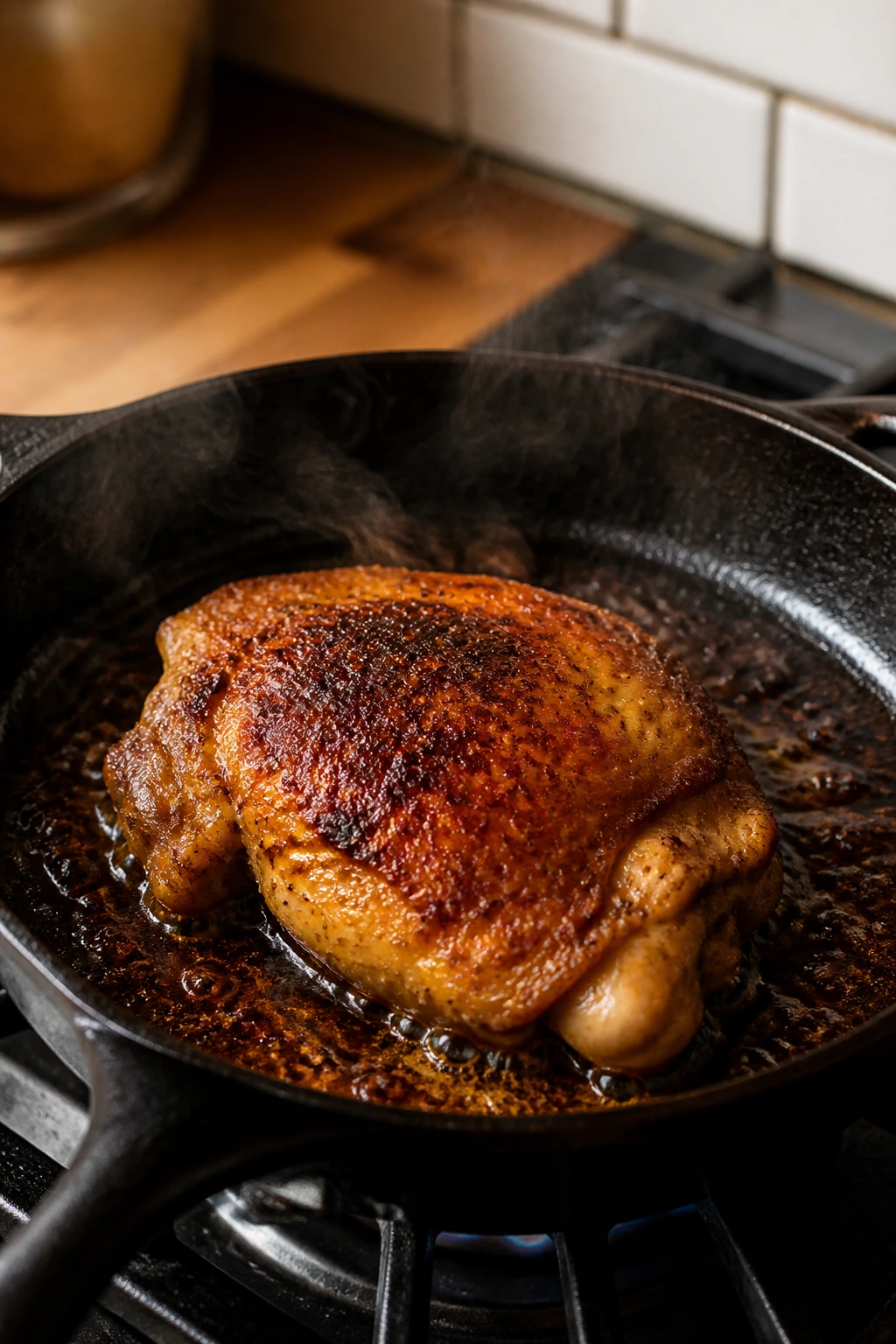 Cast-iron skillet with crispy balsamic chicken thigh on stove.