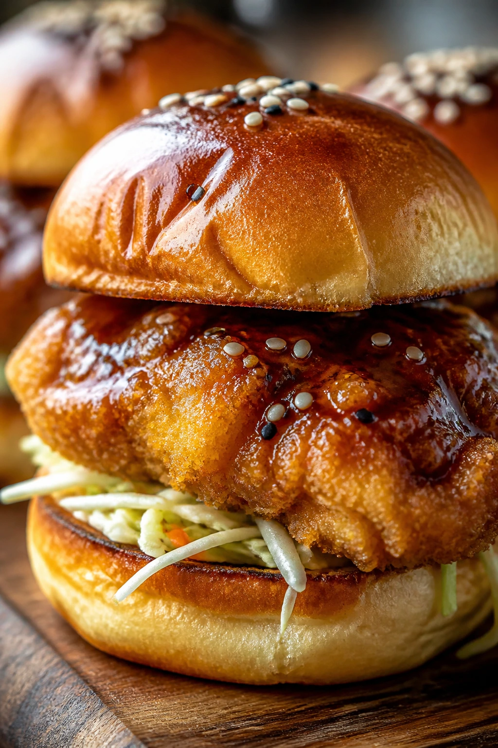 Close-up of crispy panko teriyaki chicken cutlet slider on a toasted bun