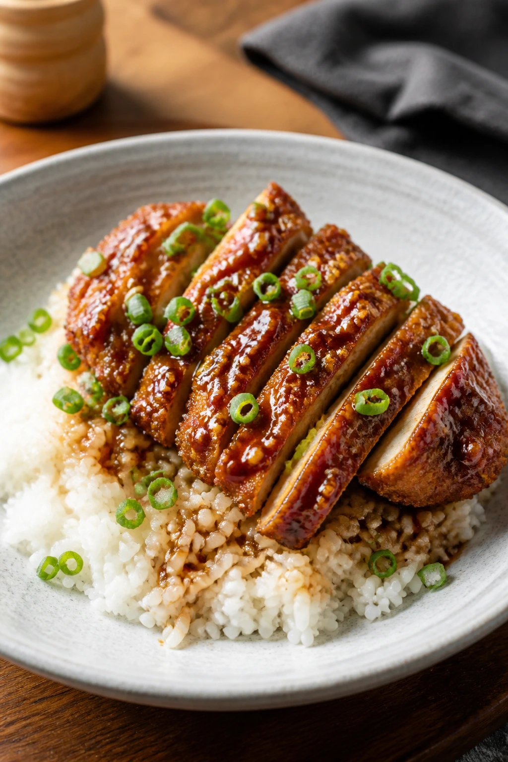 Plated crispy chicken and rice with off-center presentation