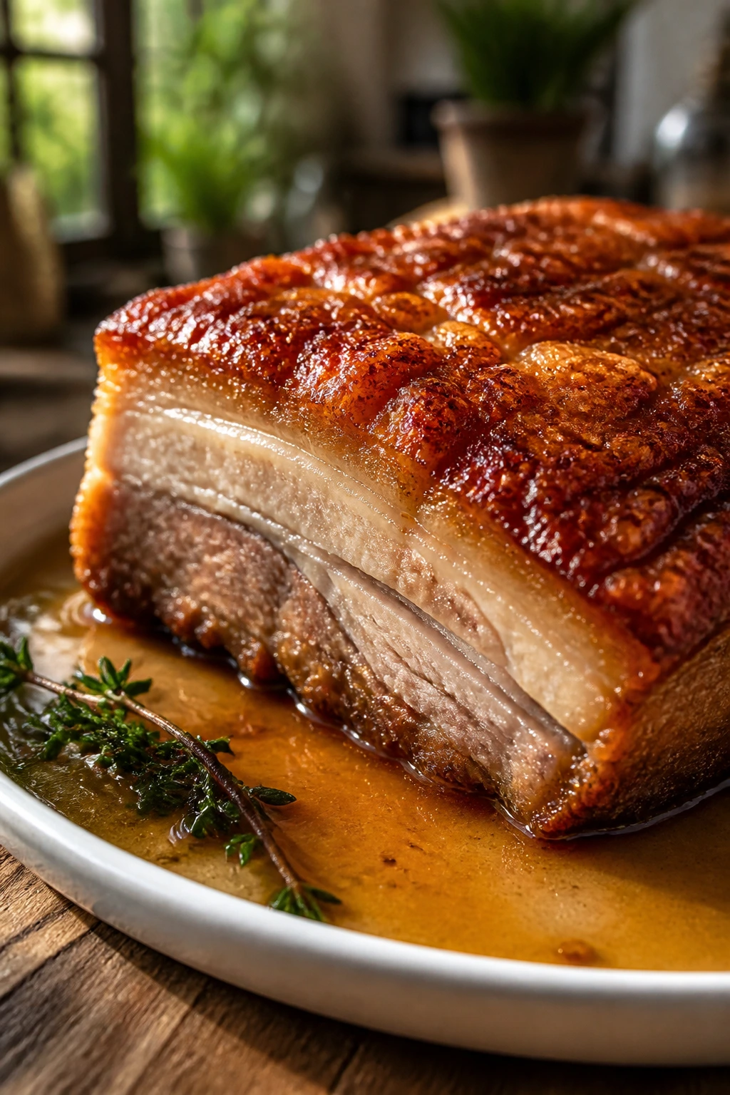 Close-up of crispy pork belly with apple cider jus