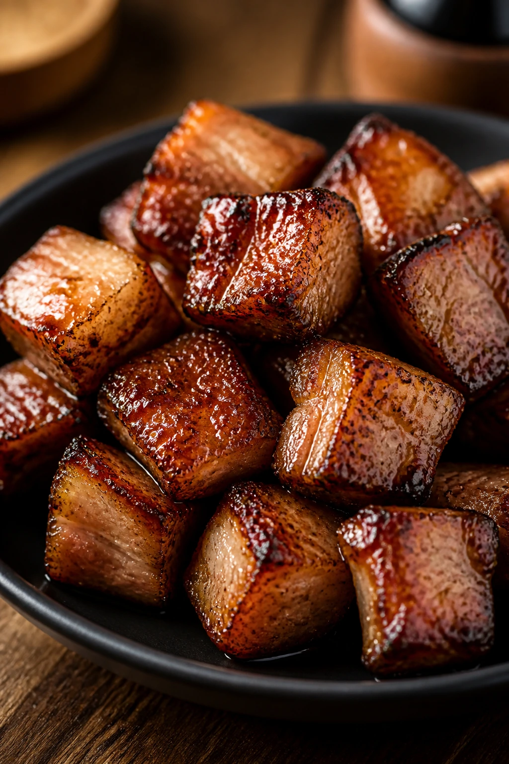 Crispy juicy pork cubes on dark plate
