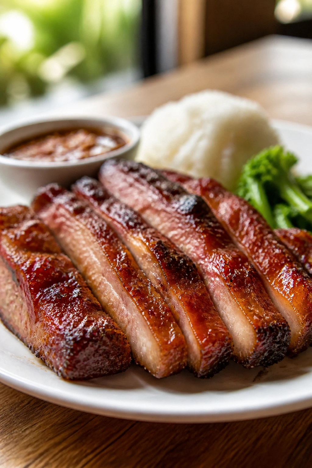 Close-up of crispy glazed pork on plate in warm kitchen to show plating technique