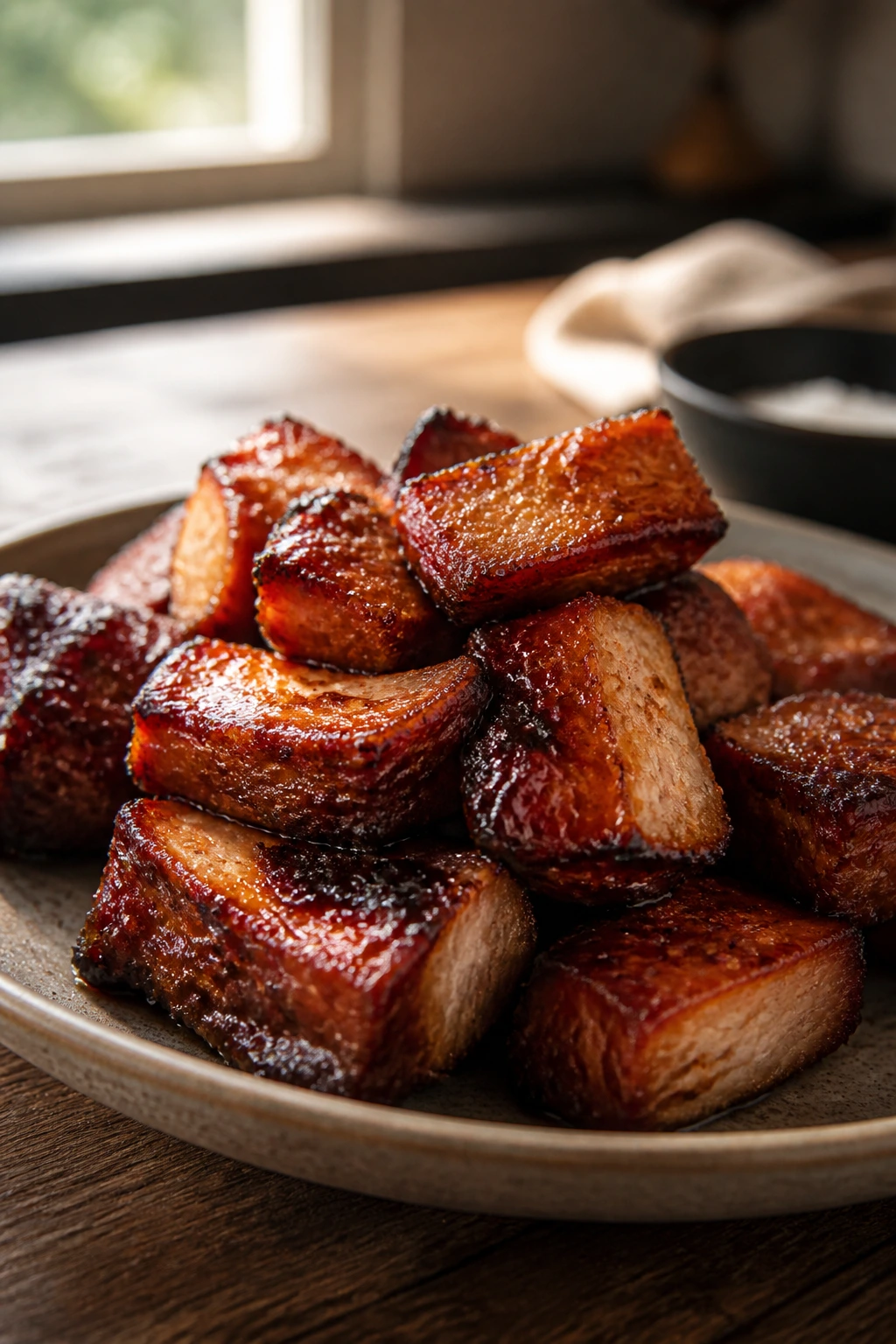 Close-up of crispy pork with glaze on a warm plate
