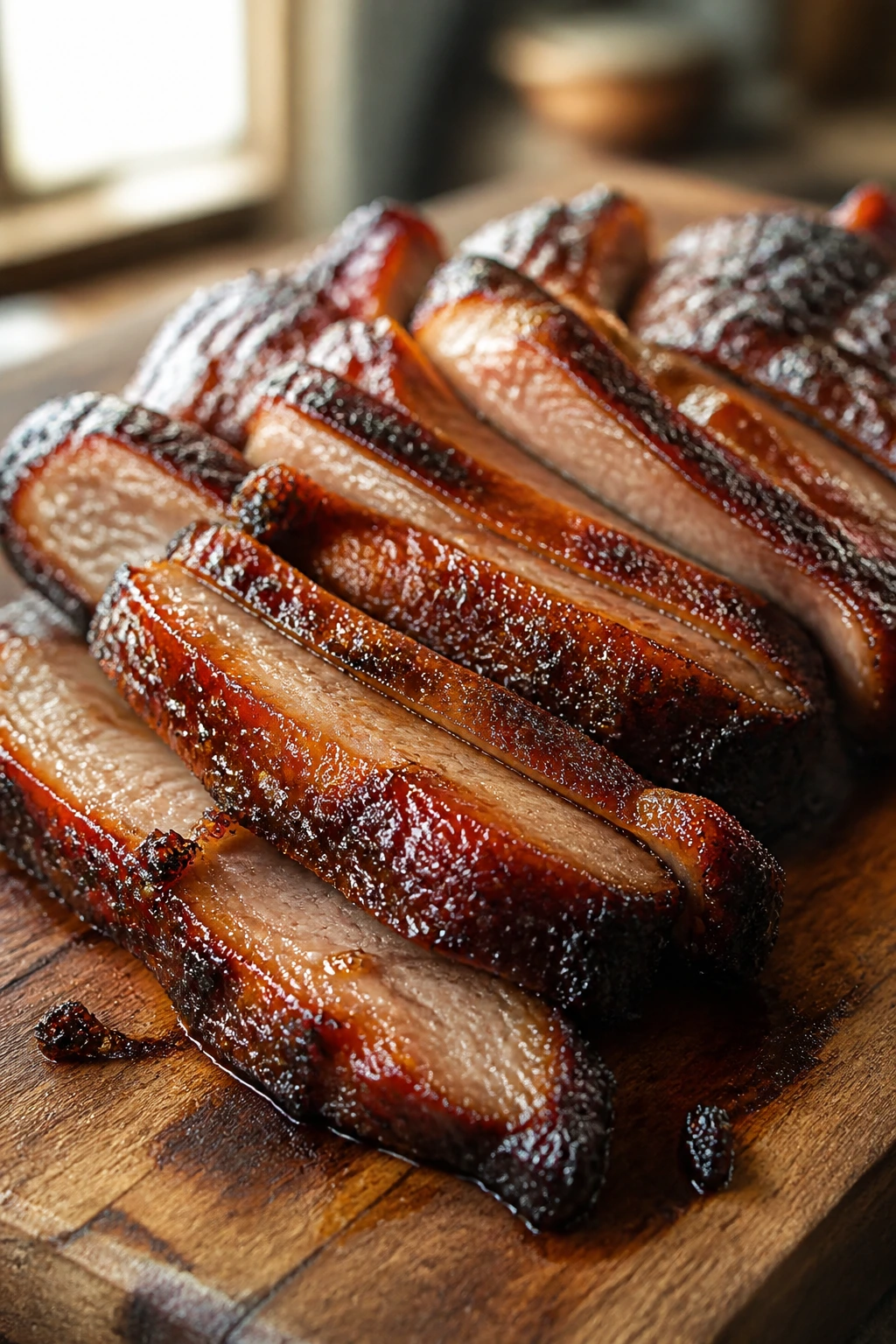Close-up of crispy pork with glossy brown sugar glaze and browned edges on a rustic wooden board