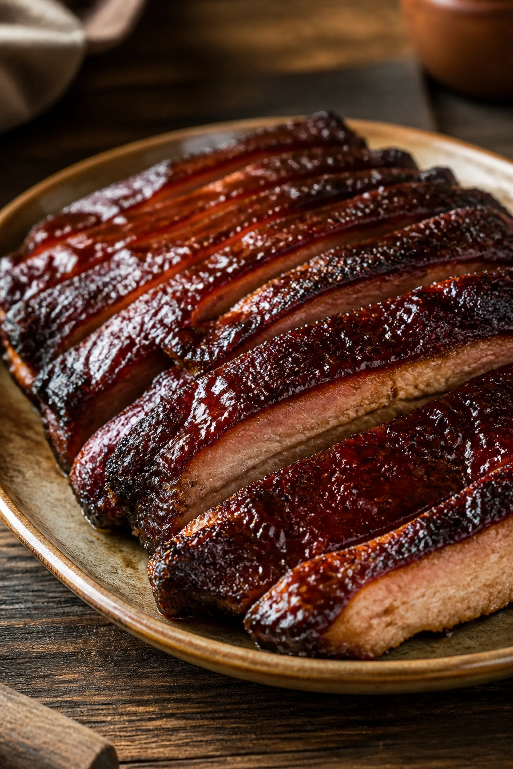 Close-up of crispy BBQ pork with glossy glaze on a warm platter