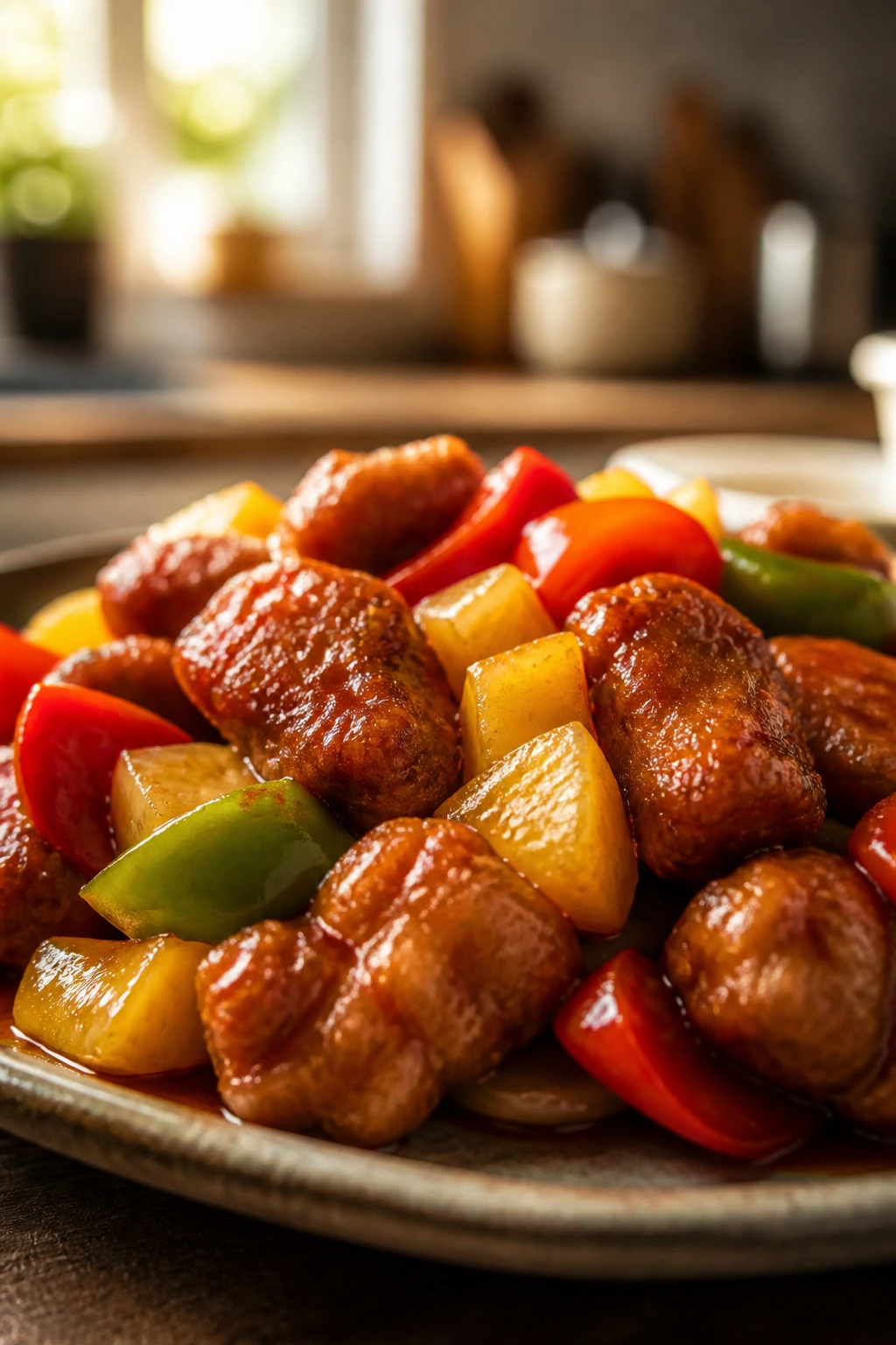 Close-up of crispy pork bites with peppers and pineapple in glossy sweet-sour sauce