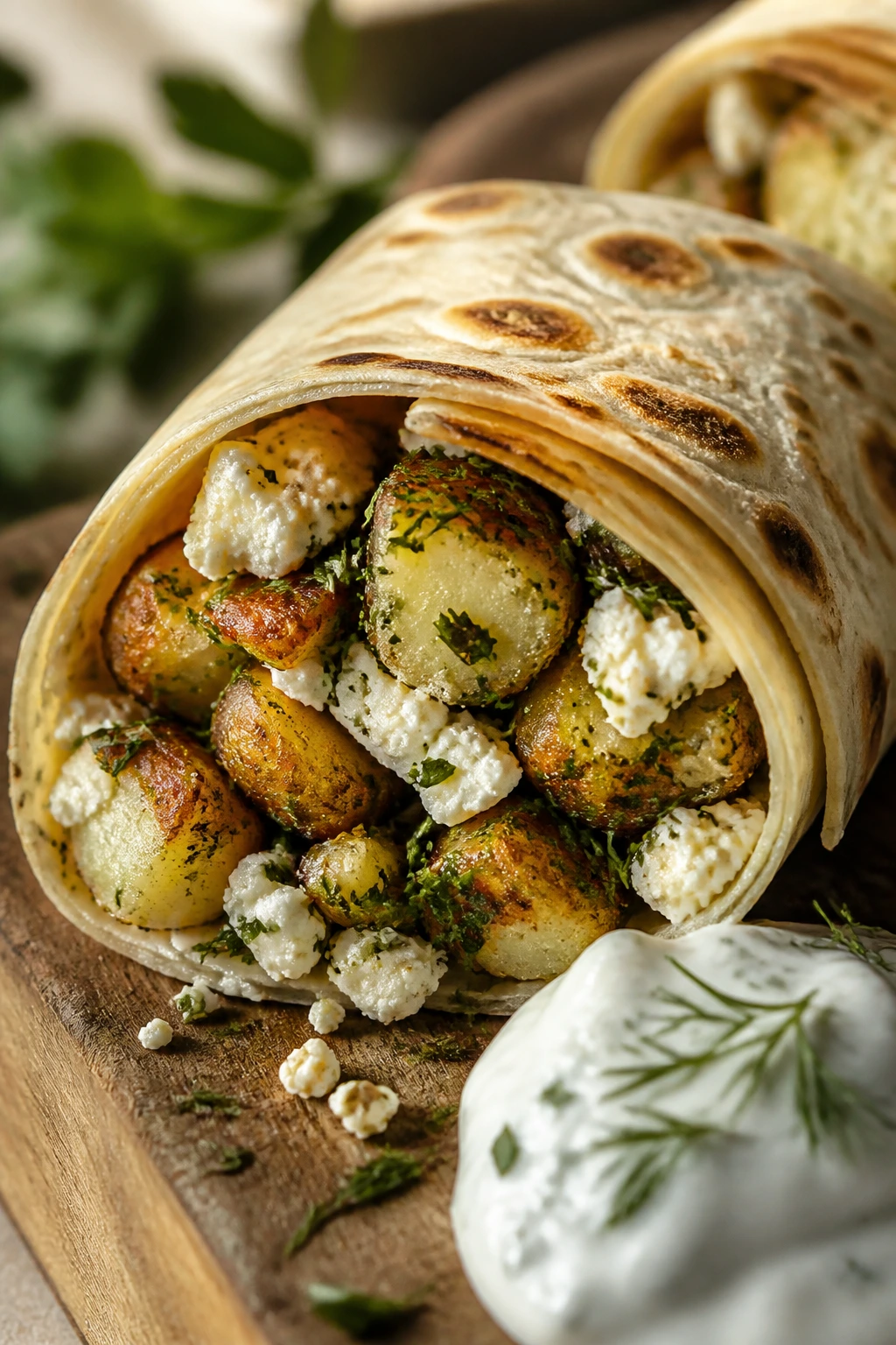 Close-up of crispy potato feta herb wrap filling
