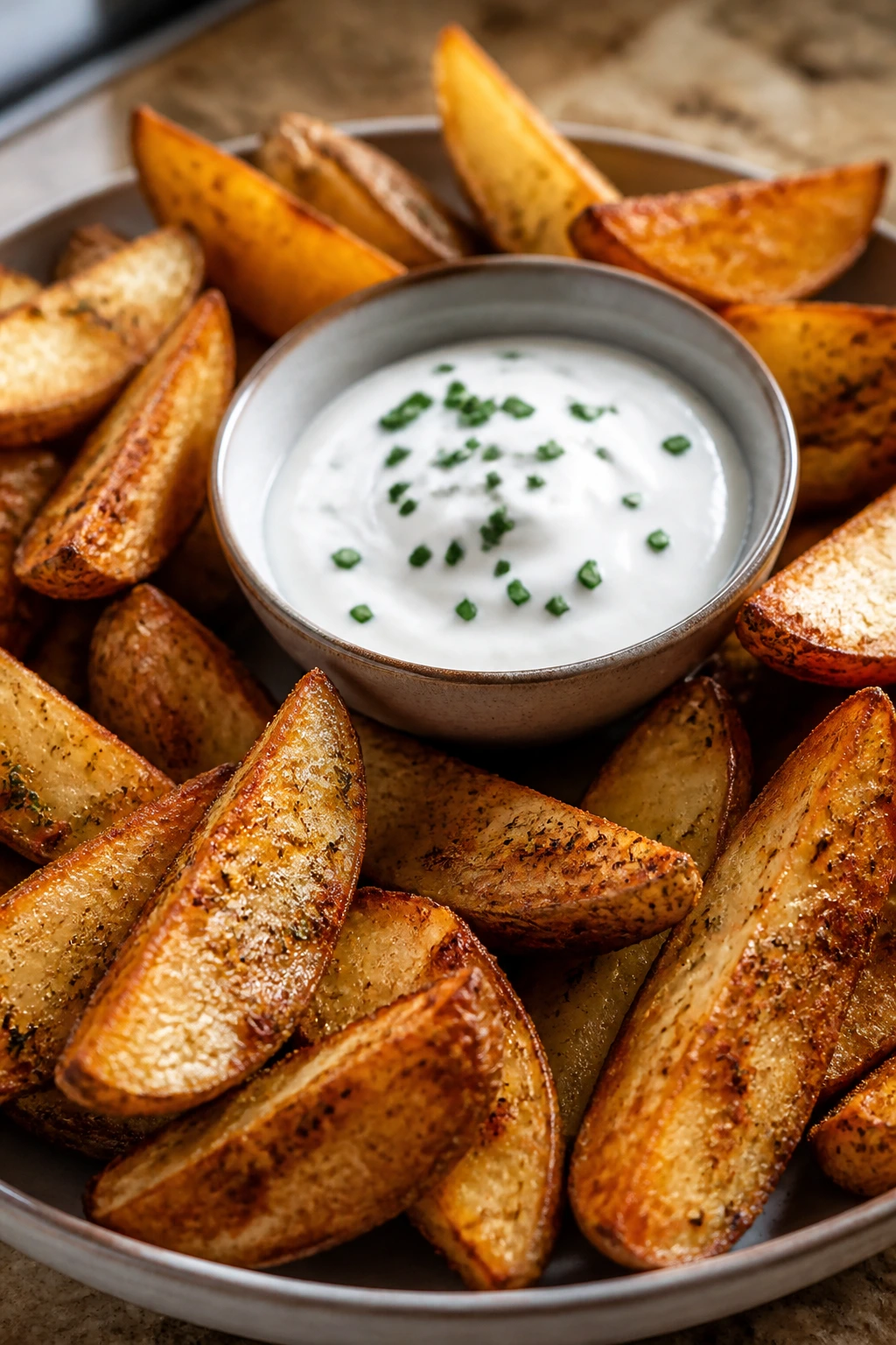 Crispy potato wedges with yogurt dip on a kitchen plate
