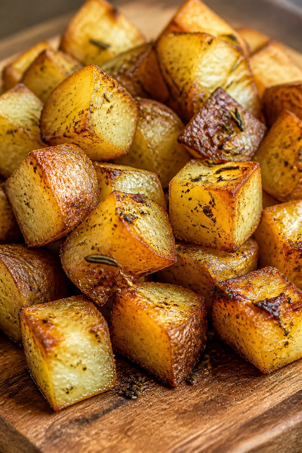 Close-up of crispy potato cubes on wooden board with garlic and rosemary.