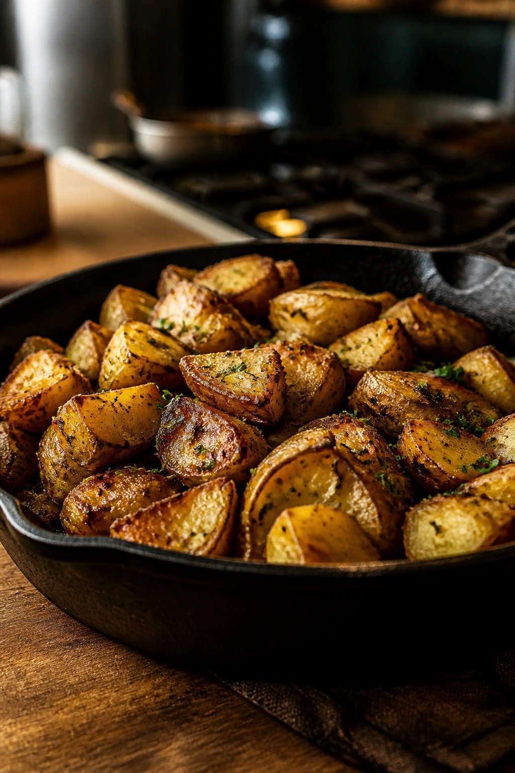 Skillet with crispy potatoes on a wooden countertop.