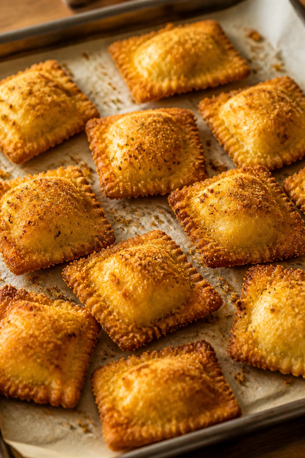 Crispy baked ravioli on parchment-lined sheet with golden crumbs
