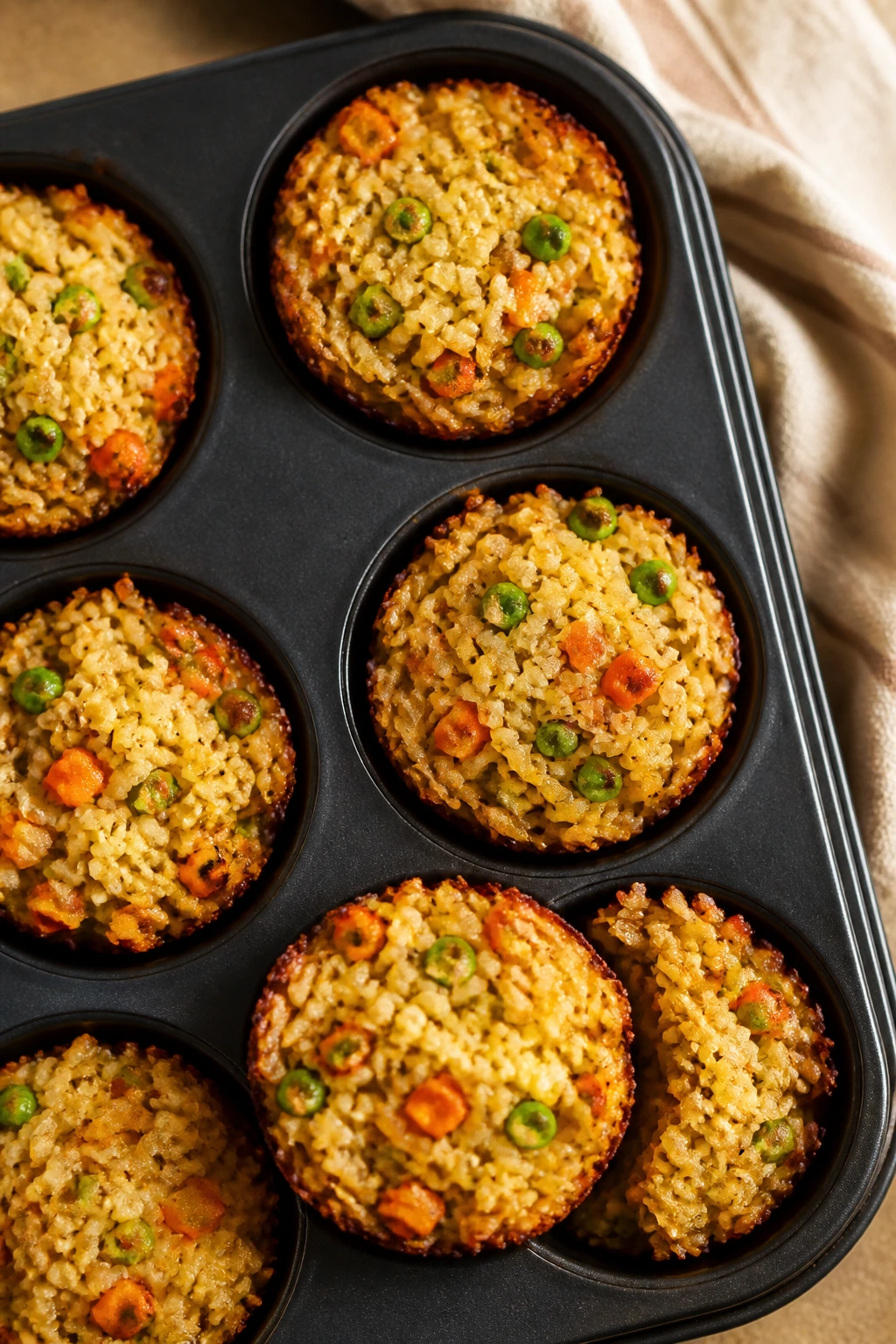 Close-up of crispy veggie fried rice cups in a muffin tin on a kitchen counter