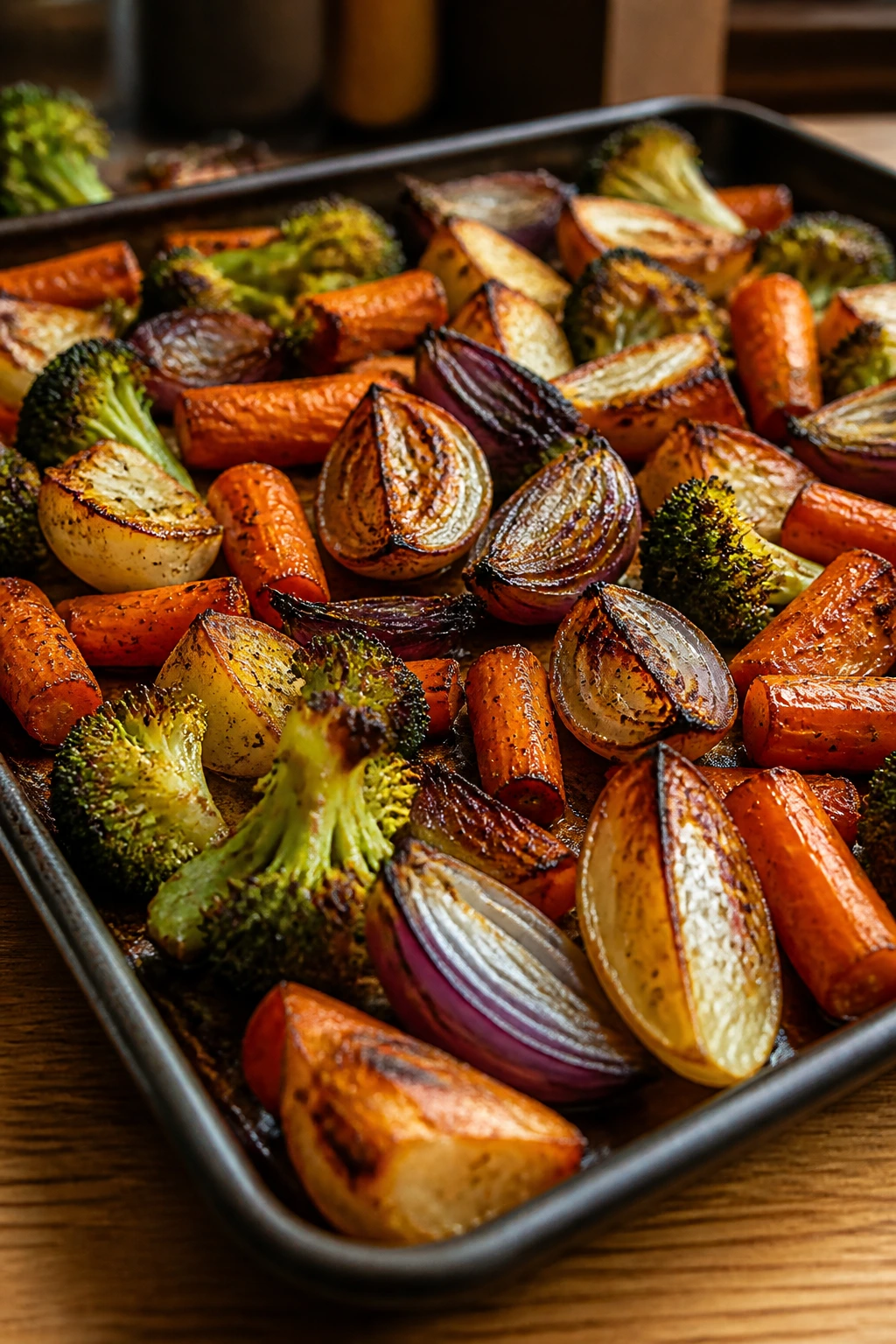 Sheet pan with crispy roasted vegetables filling the frame