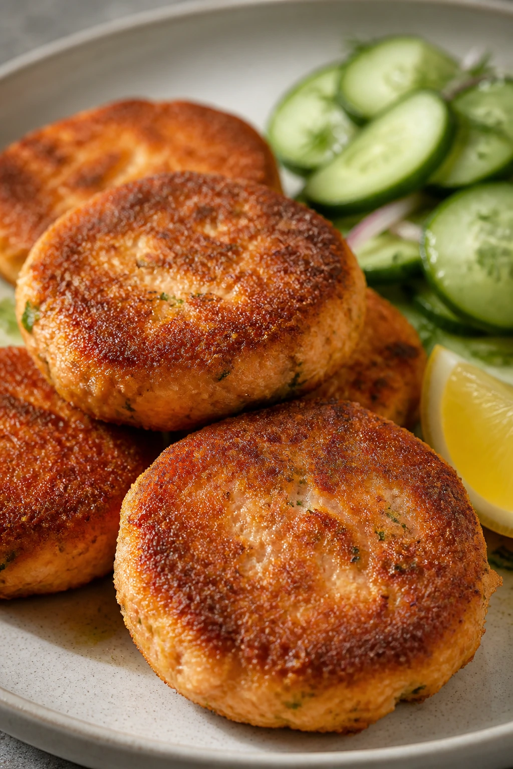 Golden crispy salmon cakes on a plate with lemon