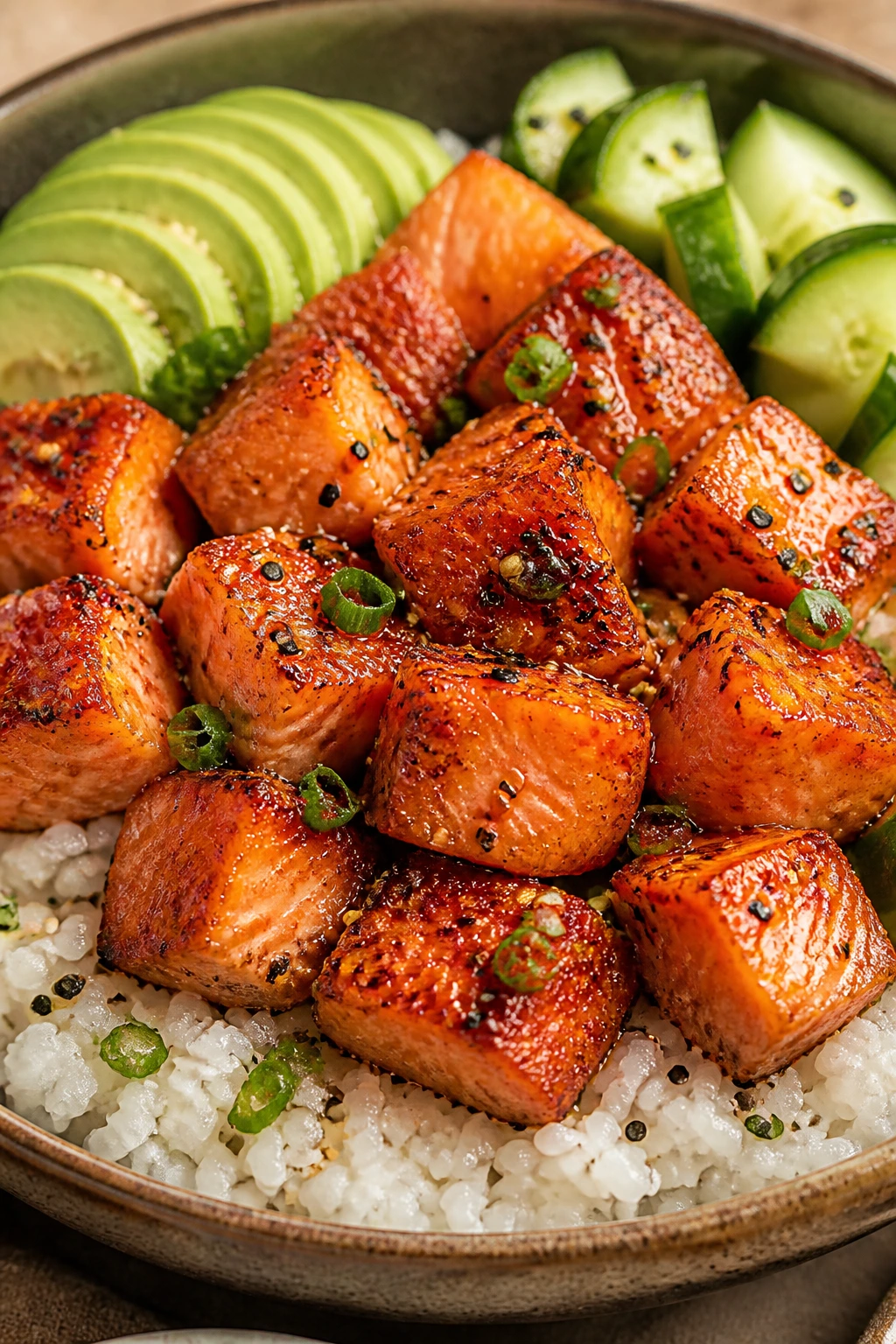 Close-up of a crispy salmon poke bowl in a shallow dish with a crisp salmon layer and colorful toppings.
