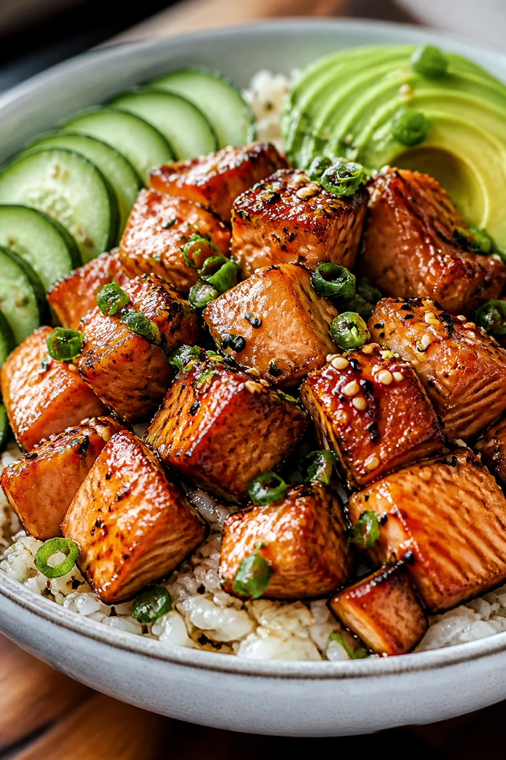 Close-up of crispy salmon poke bowl with rice and toppings