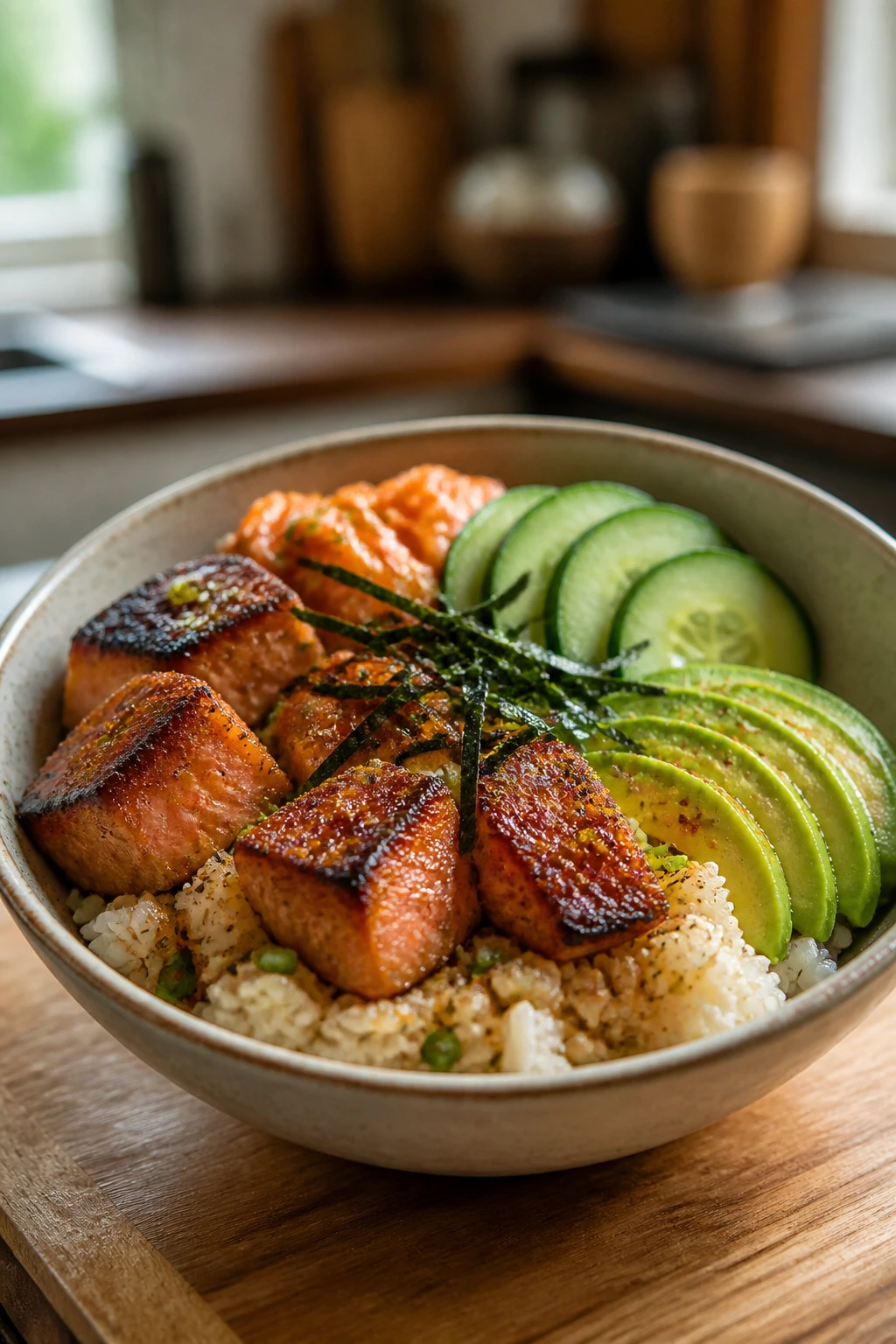 Close-up of Crispy Salmon Poke Bowl with crisp salmon, rice, cucumber, and avocado on a wooden counter