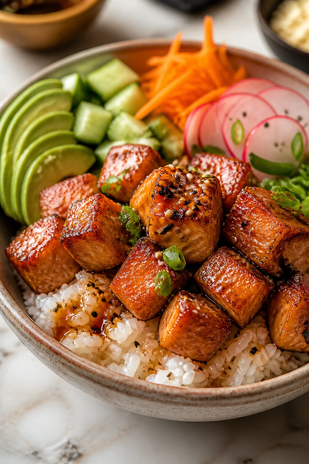 Close-up of Crispy Salmon Poke Bowl styled with a recipe-card backdrop on a kitchen counter