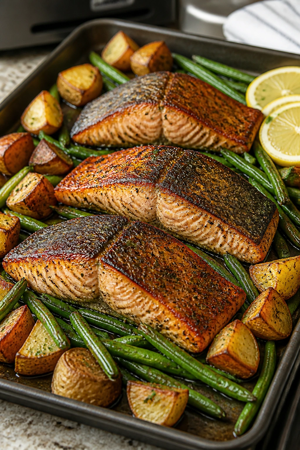 Sheet-pan salmon with potatoes and green beans